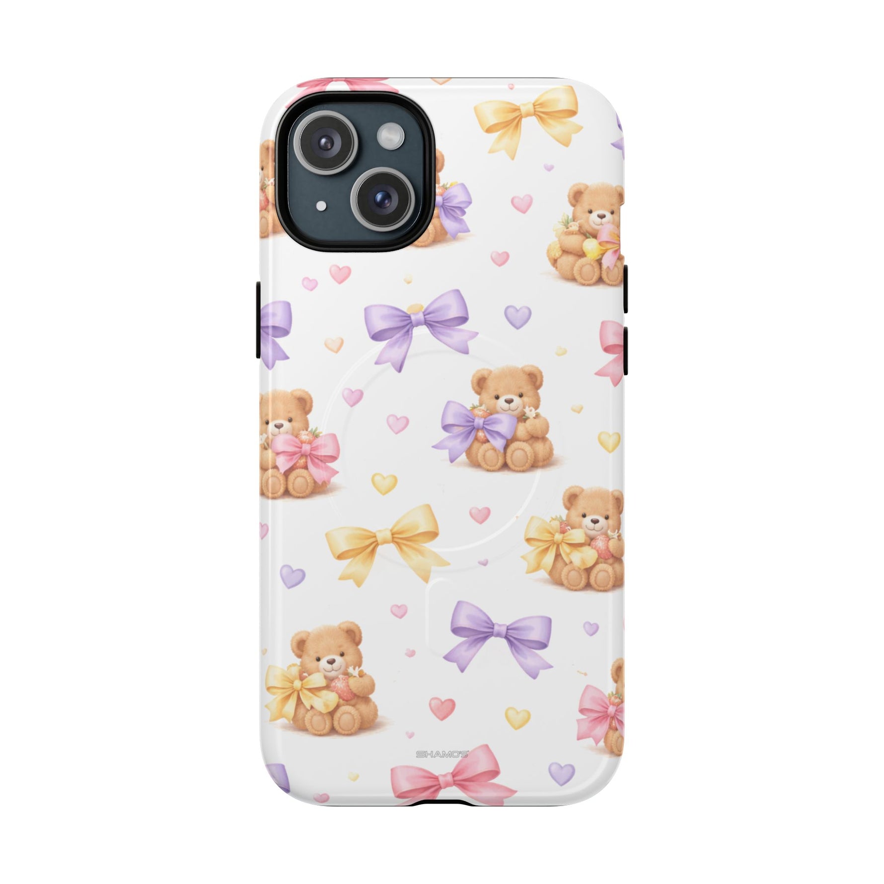 Small size iPhone case with cute teddy bear and pastel bow pattern on white background