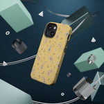 Honey Paisley MagSafe Phone Case, glossy diagonal dual-camera model, rear view with magnetic accessories
