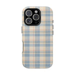 Ranch Check – Blue and Cream Plaid MagSafe Phone Case, glossy iPhone 16 Pro, rear view