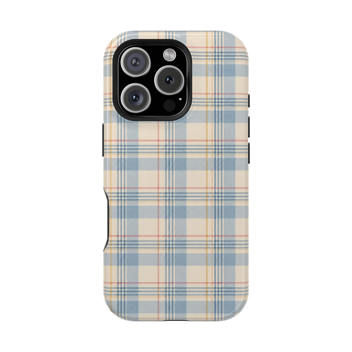 Ranch Check – Blue and Cream Plaid MagSafe Phone Case, glossy iPhone 16 Pro, rear view
