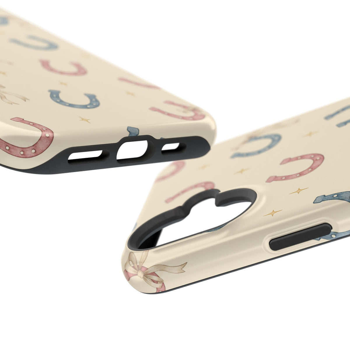 Prairie Horseshoes MagSafe Phone Case, glossy vertical dual-camera model, port openings and edge details
