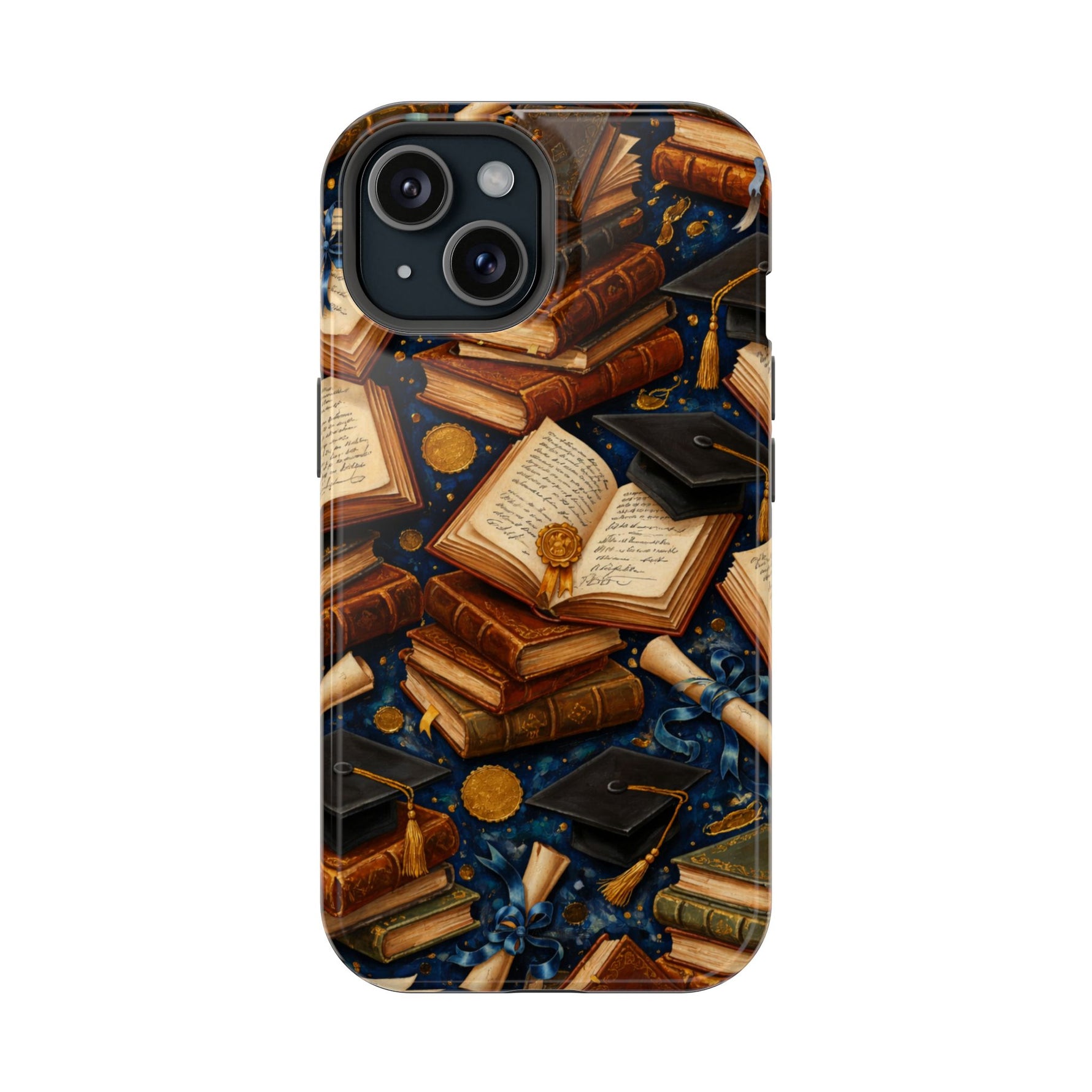 Vintage Books & Graduation Caps MagSafe Phone Case, Impact-Resistant Graduation Gift - iPhone 15 / Glossy - Shamo's