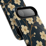 Navy Cherry Blossom Floral iPhone Case - Compatible with MagSafe