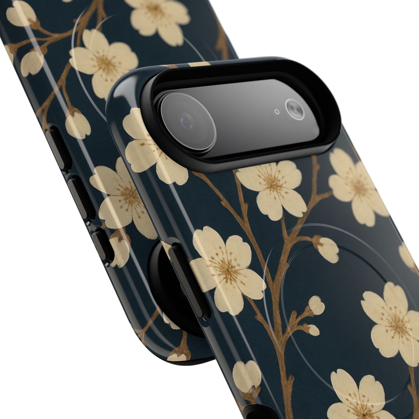 Navy Cherry Blossom Floral iPhone Case - Compatible with MagSafe