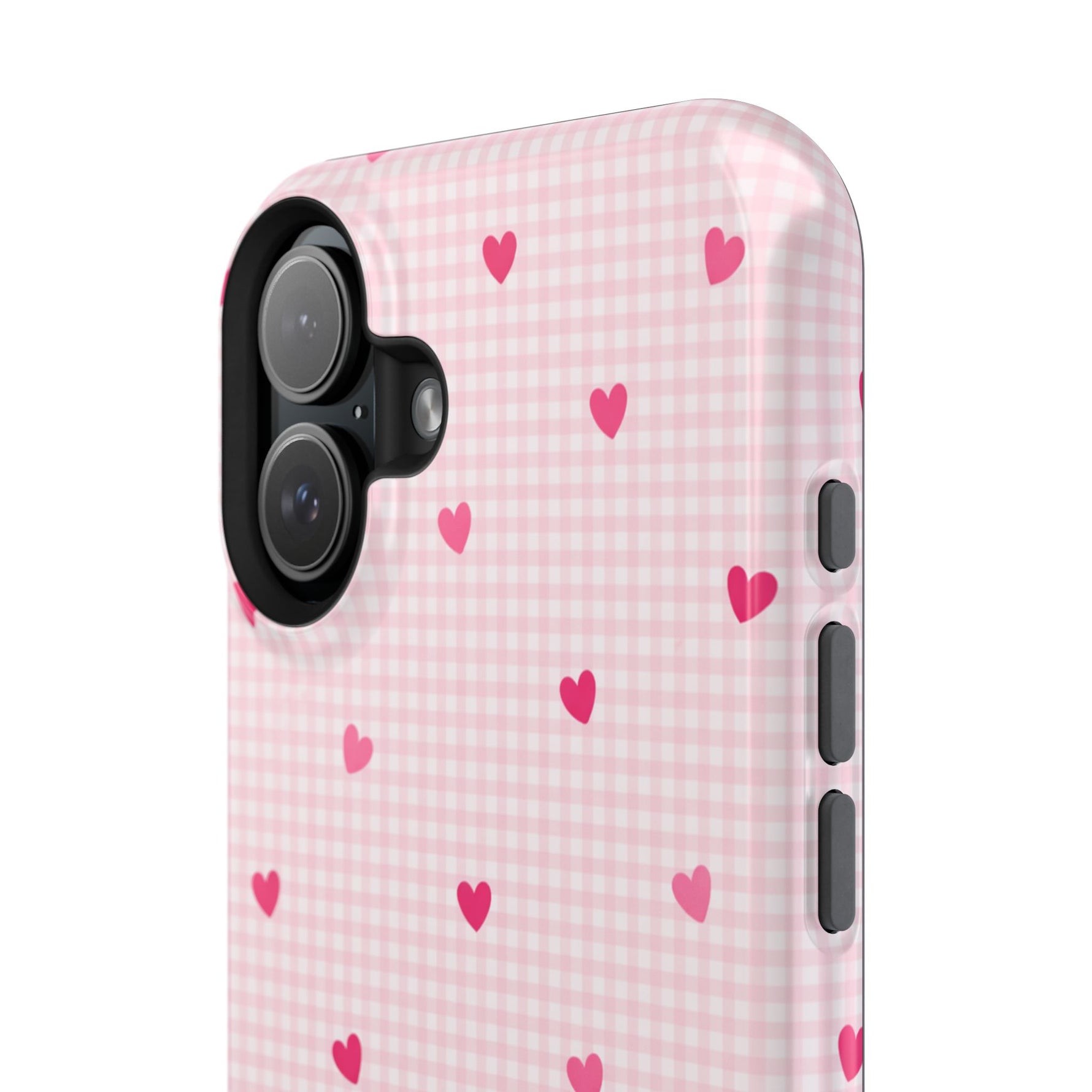 Pink Heart Gingham MagSafe iPhone Case, Impact‑Resistant, Magnetic Protection