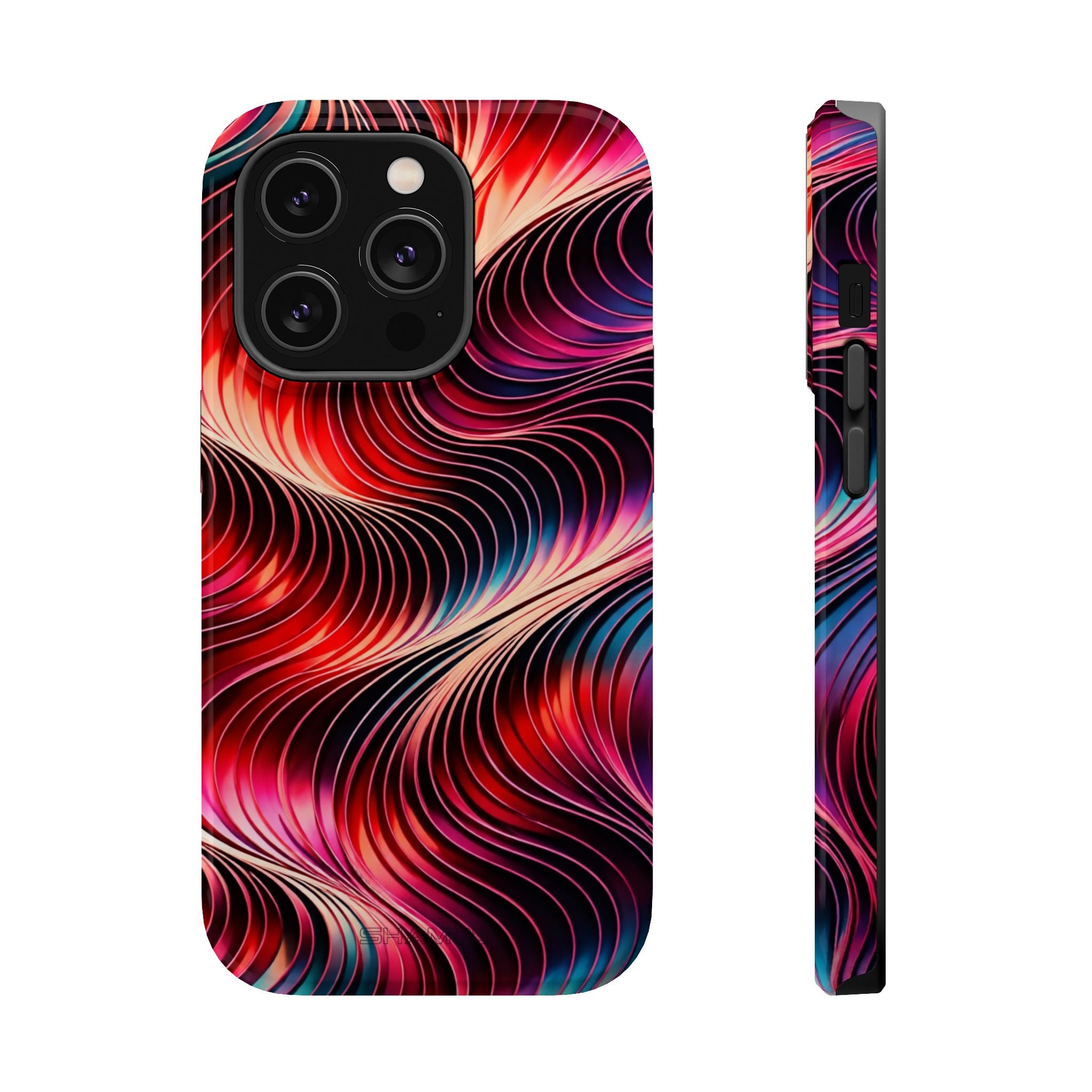 Phone case with flowing red, pink, purple, and blue lines on a black background