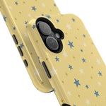 Prairie Stars – Yellow and Blue Star MagSafe Phone Case, glossy vertical dual-camera model, camera and side-button close-up