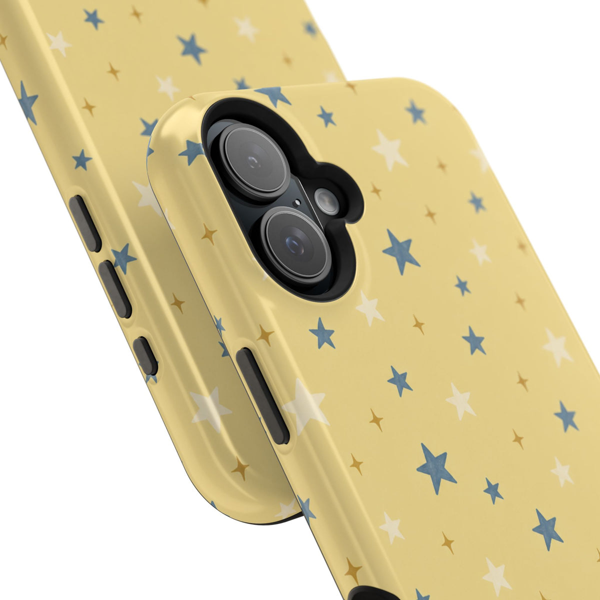 Prairie Stars – Yellow and Blue Star MagSafe Phone Case, glossy vertical dual-camera model, camera and side-button close-up
