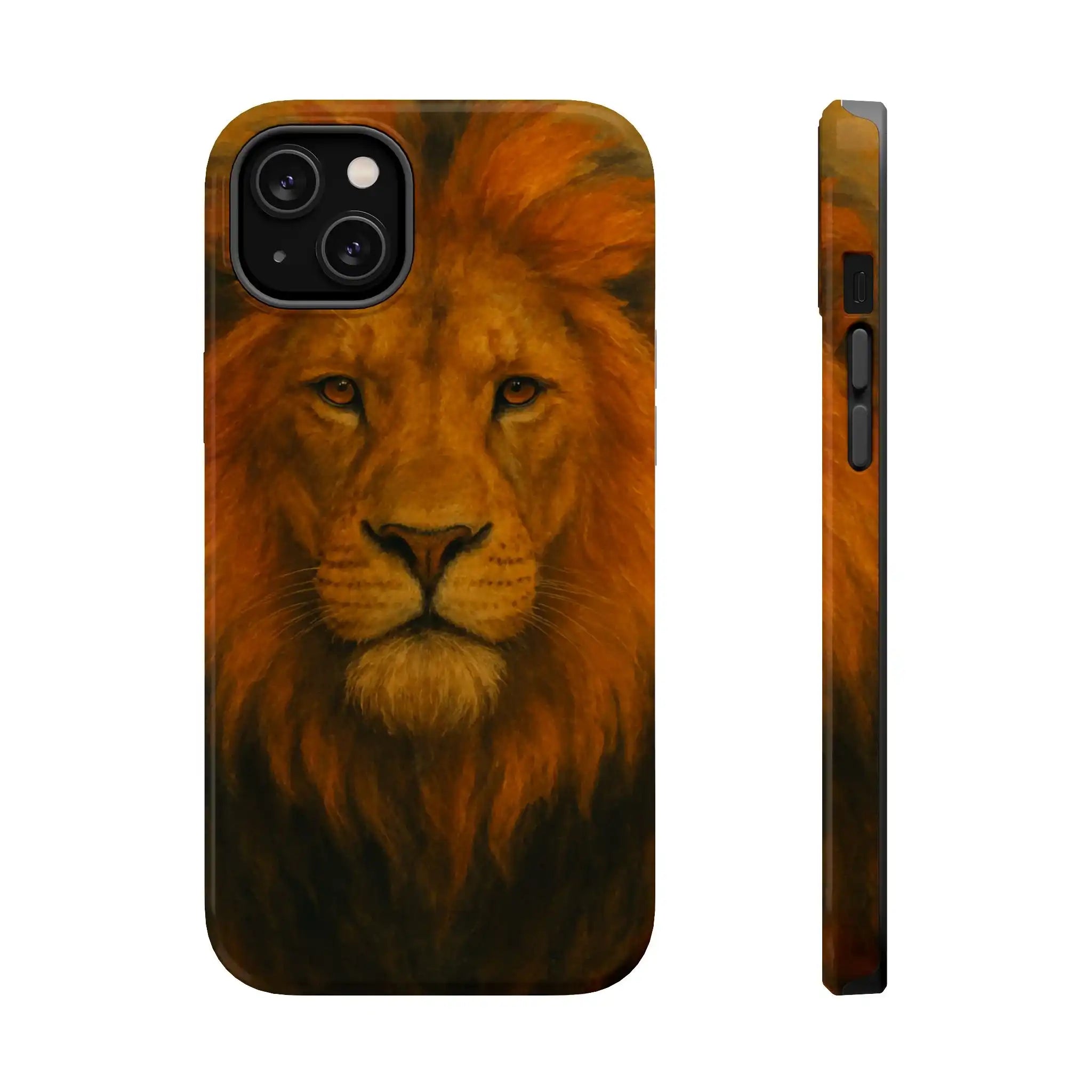 iPhone case with realistic lion face design shown front and side variant size