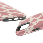 Rose Cowprint – Pink Cow Print MagSafe Phone Case, glossy diagonal dual-camera model, port openings and edge details