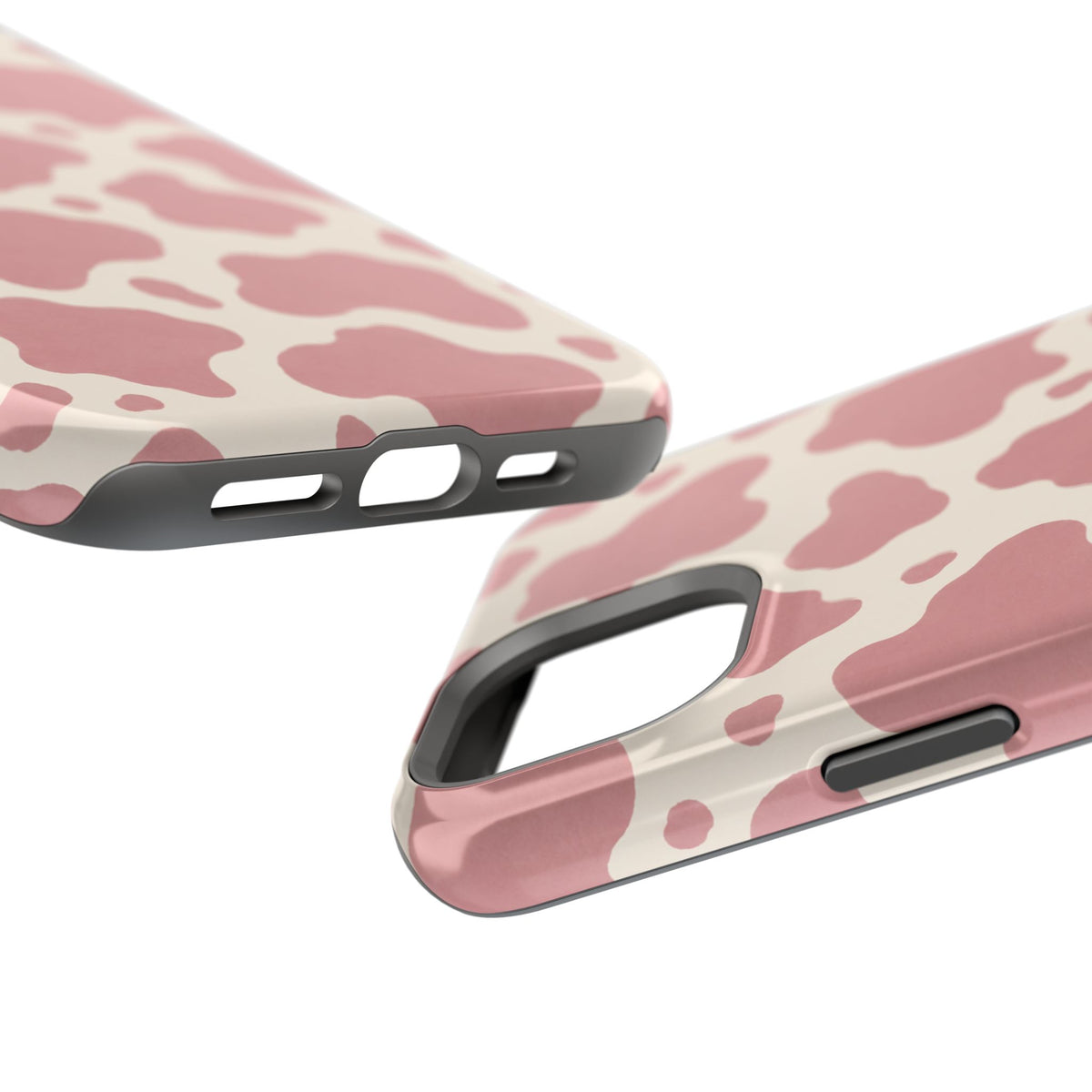 Rose Cowprint – Pink Cow Print MagSafe Phone Case, glossy diagonal dual-camera model, port openings and edge details