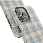 Ranch Check – Blue and Cream Plaid MagSafe Phone Case, glossy square triple-camera Pro model, camera and side-button close-up