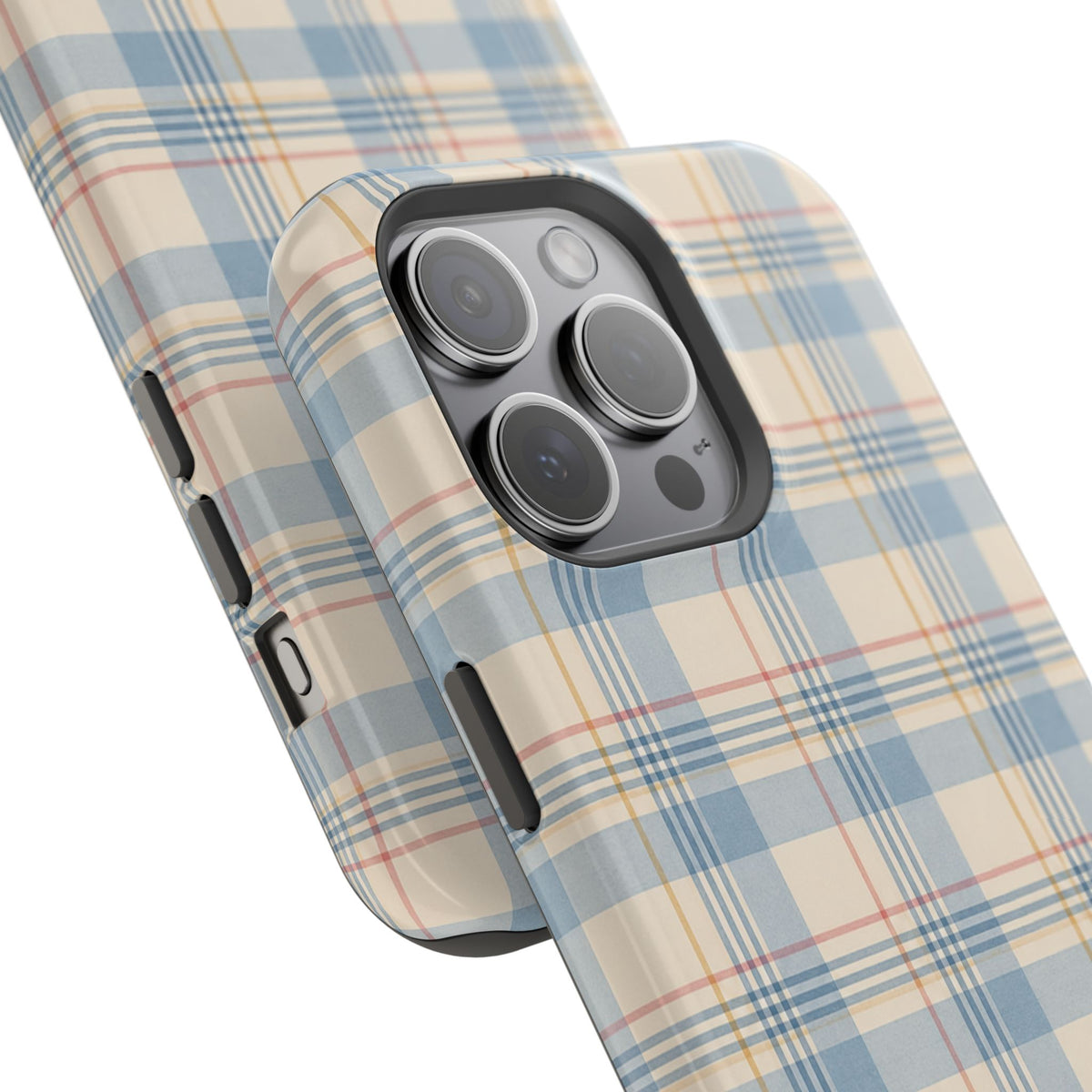 Ranch Check – Blue and Cream Plaid MagSafe Phone Case, glossy square triple-camera Pro model, camera and side-button close-up