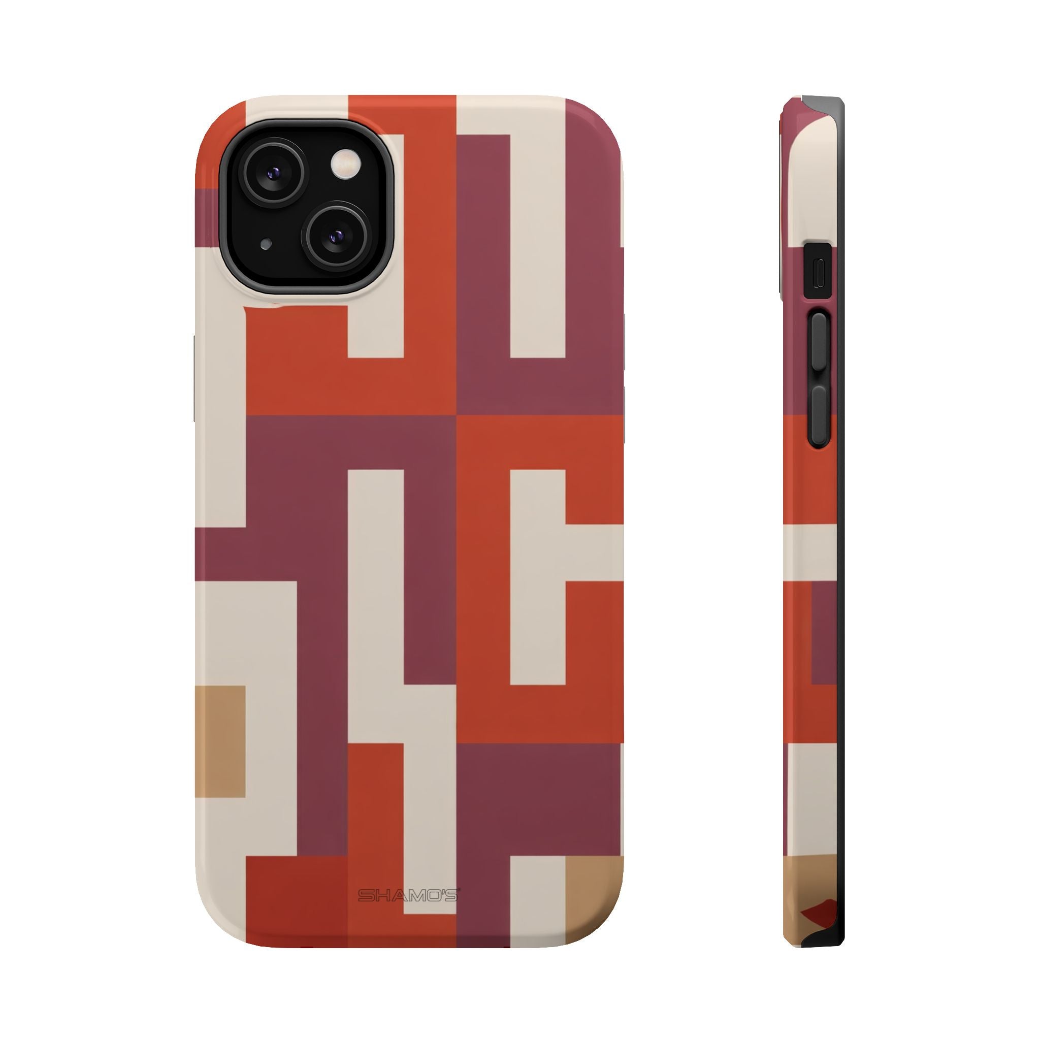 Phone case with interlocking rectangular shapes in rust red, burgundy, and cream