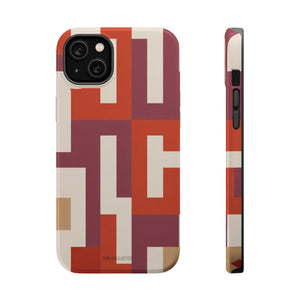 Phone case with interlocking rectangular shapes in rust red, burgundy, and cream