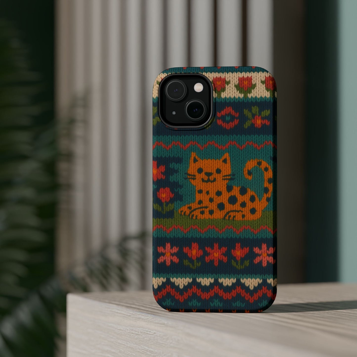 Cozy Knit Leopard Pattern Sweater Holiday Theme iPhone Case with MagSafe compatibility