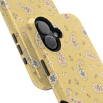 Honey Paisley MagSafe Phone Case, glossy vertical dual-camera model, camera and side-button close-up