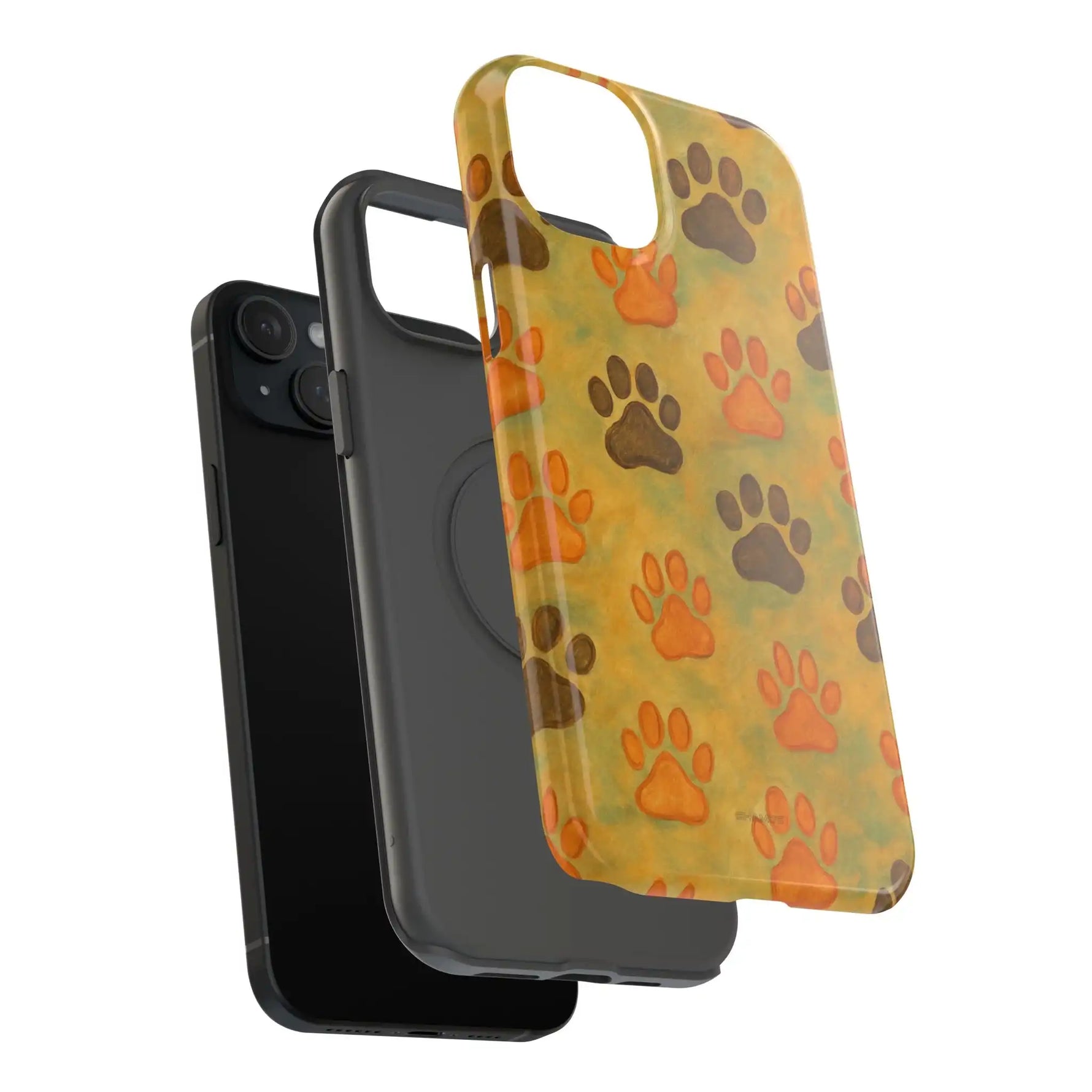 Black smartphone with two size variants of protective cases, one solid black and one with orange and brown paw prints