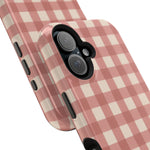 Prairie Gingham MagSafe Phone Case, glossy vertical dual-camera model, camera and side-button close-up