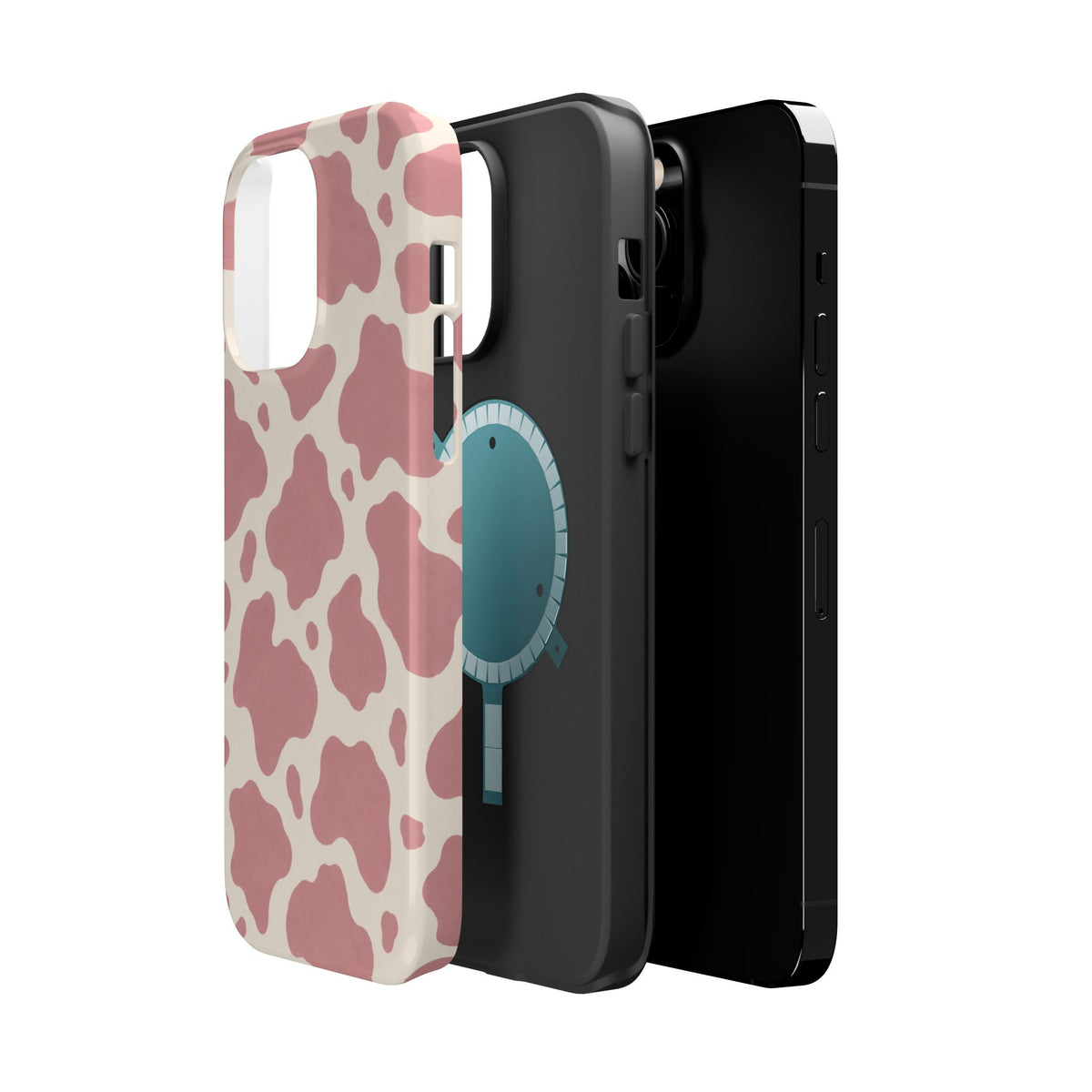 Rose Cowprint – Pink Cow Print MagSafe Phone Case, glossy square triple-camera Pro model, exploded shell and liner with magnetic ring