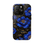 iPhone case with large variant size featuring vibrant blue floral design and gold-accented leaves