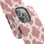 Rose Cowprint – Pink Cow Print MagSafe Phone Case, glossy square triple-camera Pro model, camera and side-button close-up