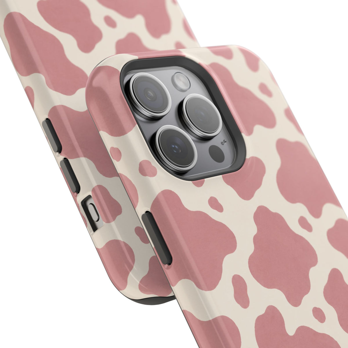 Rose Cowprint – Pink Cow Print MagSafe Phone Case, glossy square triple-camera Pro model, camera and side-button close-up