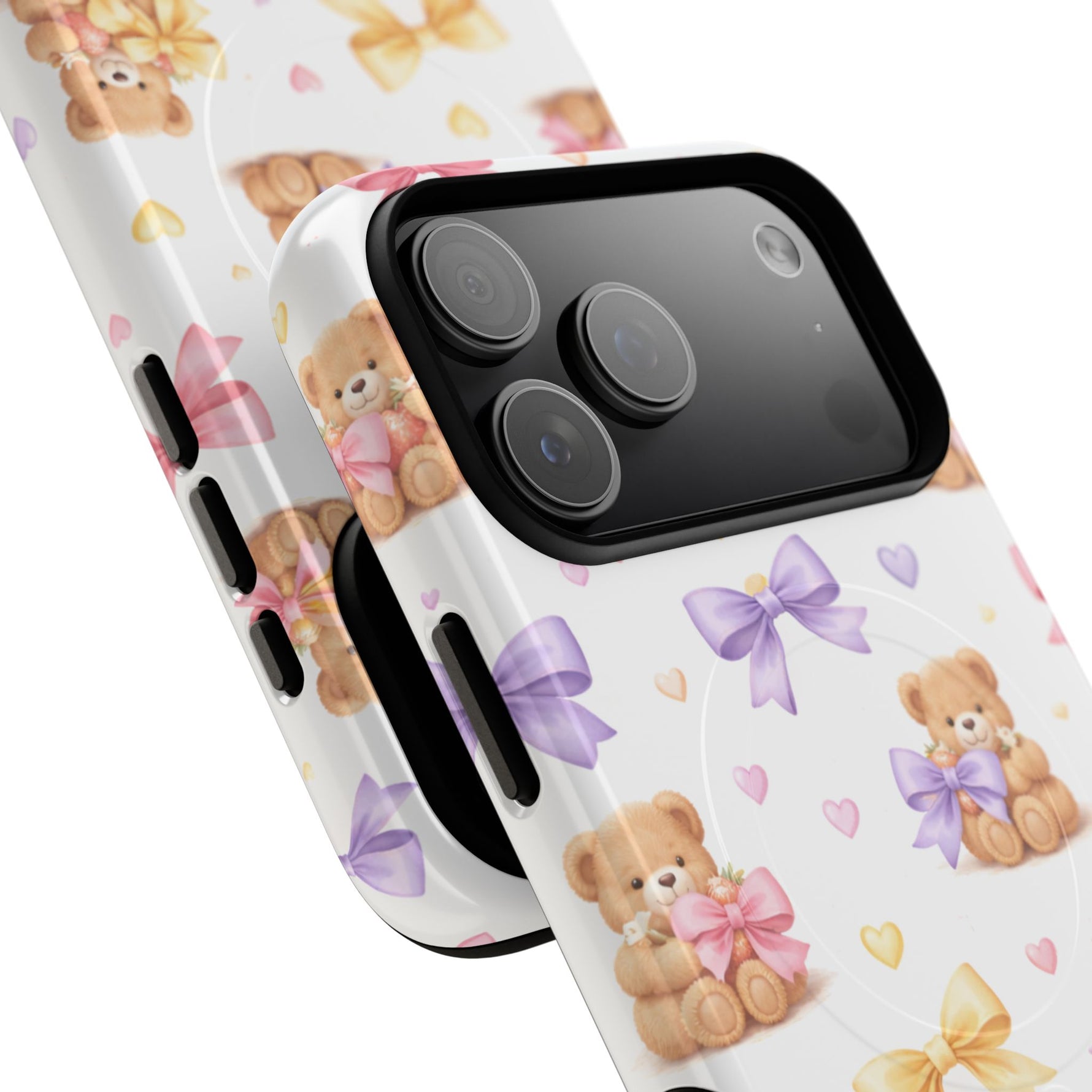 Two smartphone cases with teddy bear and colorful bow design, showing different sizes and camera cutouts