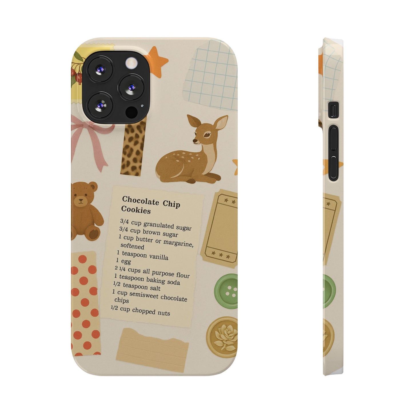 Slim iPhone Case — Cozy Baking & Teddy Pattern (Recipe, Deer, Buttons)
