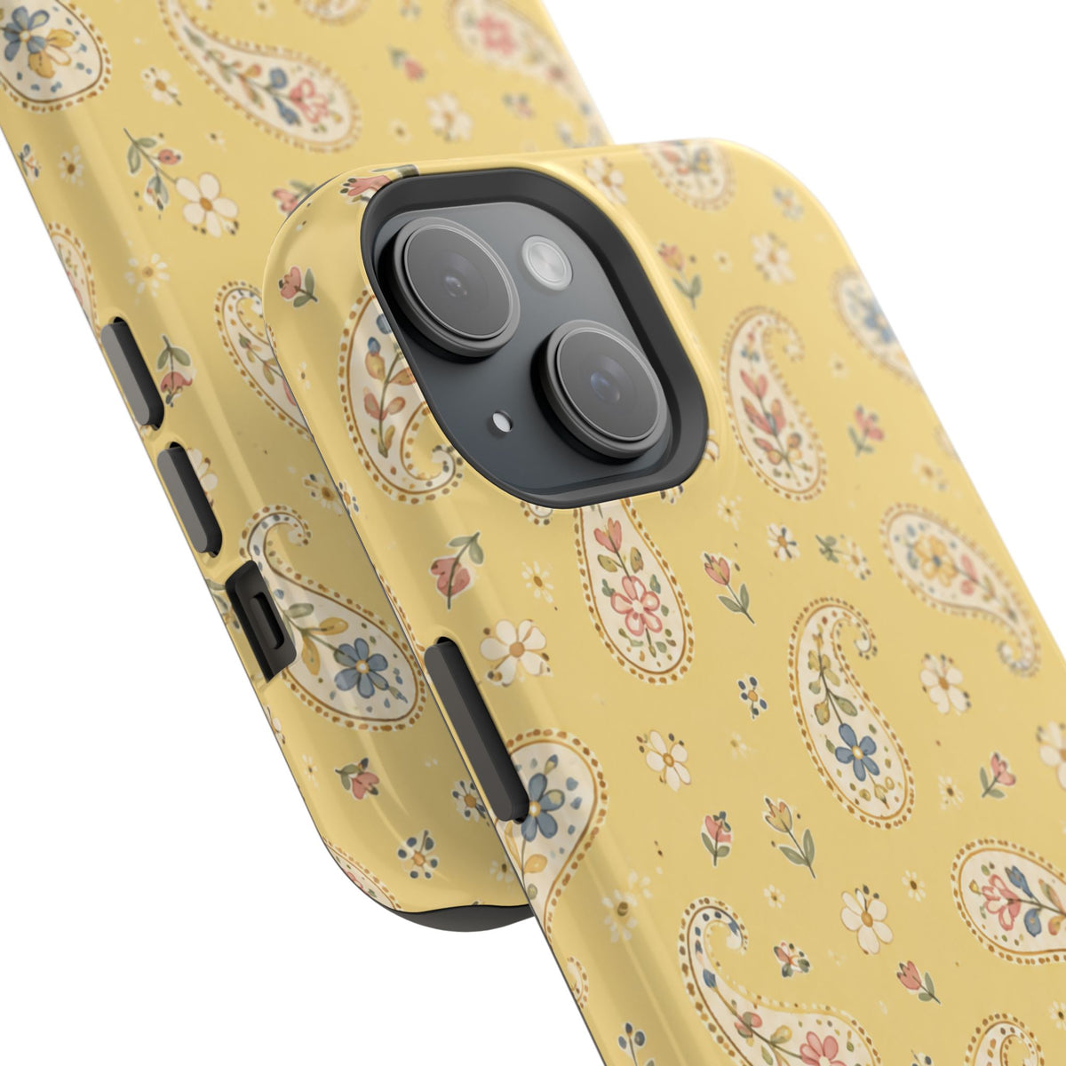 Honey Paisley MagSafe Phone Case, glossy diagonal dual-camera model, camera and side-button close-up