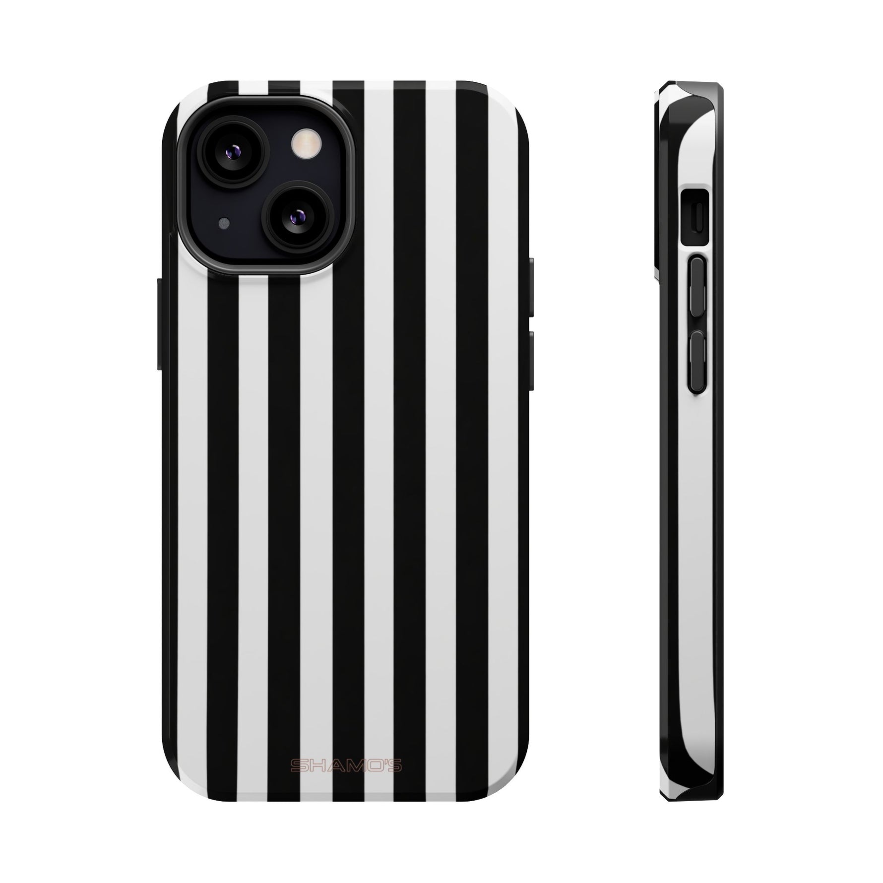 Striped MagSafe Compatible Magnetic Impact-Resistant Phone Case | Black & White Vertical Stripe (Noir Blanc) - iPhone 13 Mini / Glossy - Shamo's
