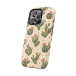 Cactus Bloom – Sage Green Floral Cactus MagSafe Phone Case, glossy square triple-camera Pro model, angled rear view