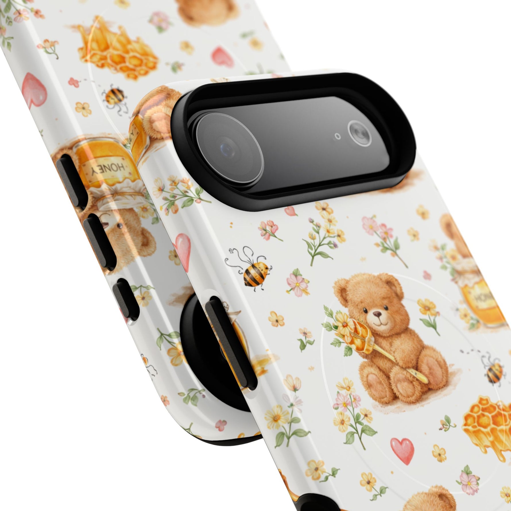 Honey Teddy Bear iPhone Case — Yellow Bee & Honey Pot Design with MagSafe