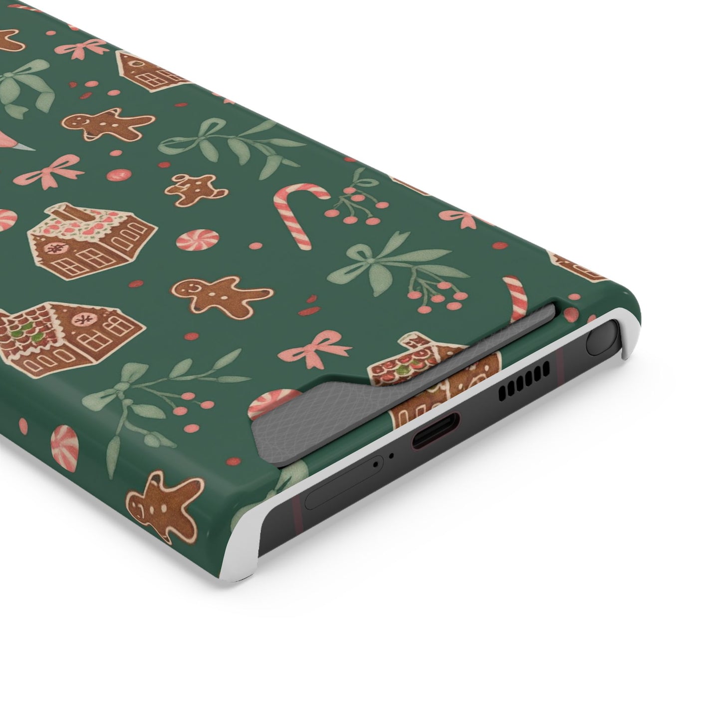 Holiday Gingerbread Phone Case with Card Holder — Festive Green Candy Cane Design