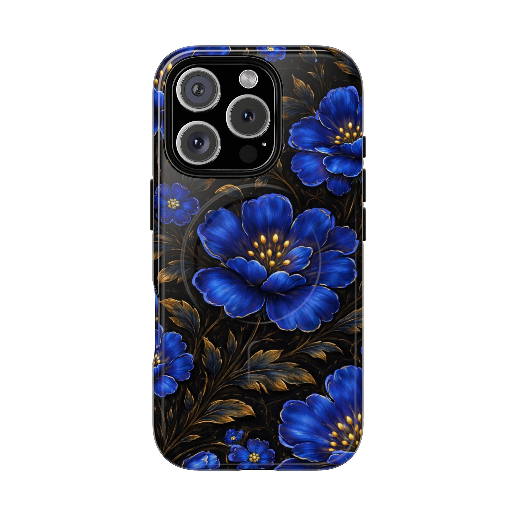 iPhone case with large blue floral design and gold leaves on black background, showing variant size