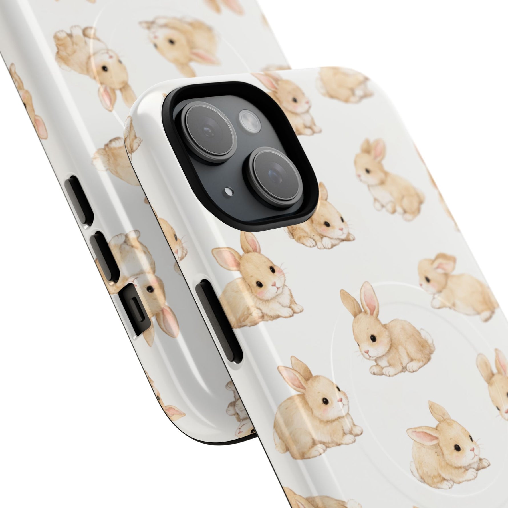 Two smartphone cases in variant sizes with cute beige bunny pattern on white background