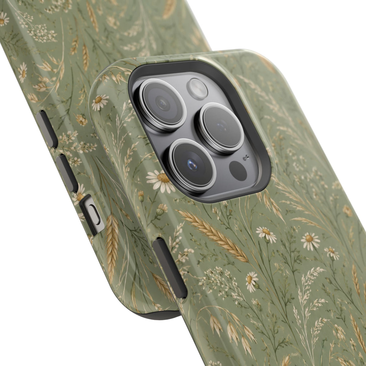Golden Meadow – Sage Green Wildflower MagSafe Phone Case, glossy square triple-camera Pro model, camera and side-button close-up