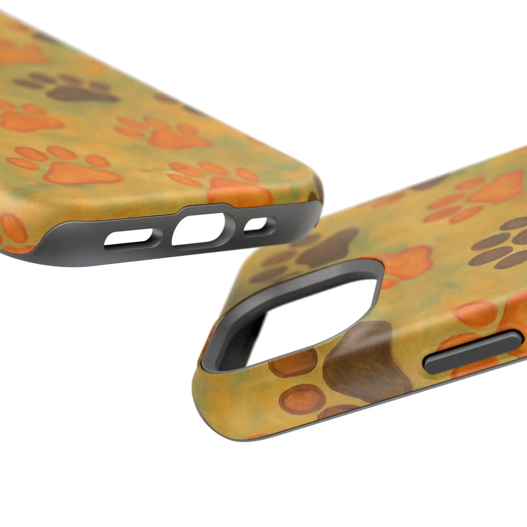 Two views of phone case with orange and brown paw print pattern, showing variant sizes