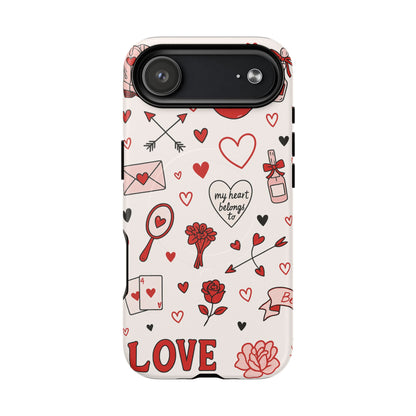 Romantic Love Doodle Tough iPhone Case ("LOVE", hearts, roses) (MagSafe compatible)