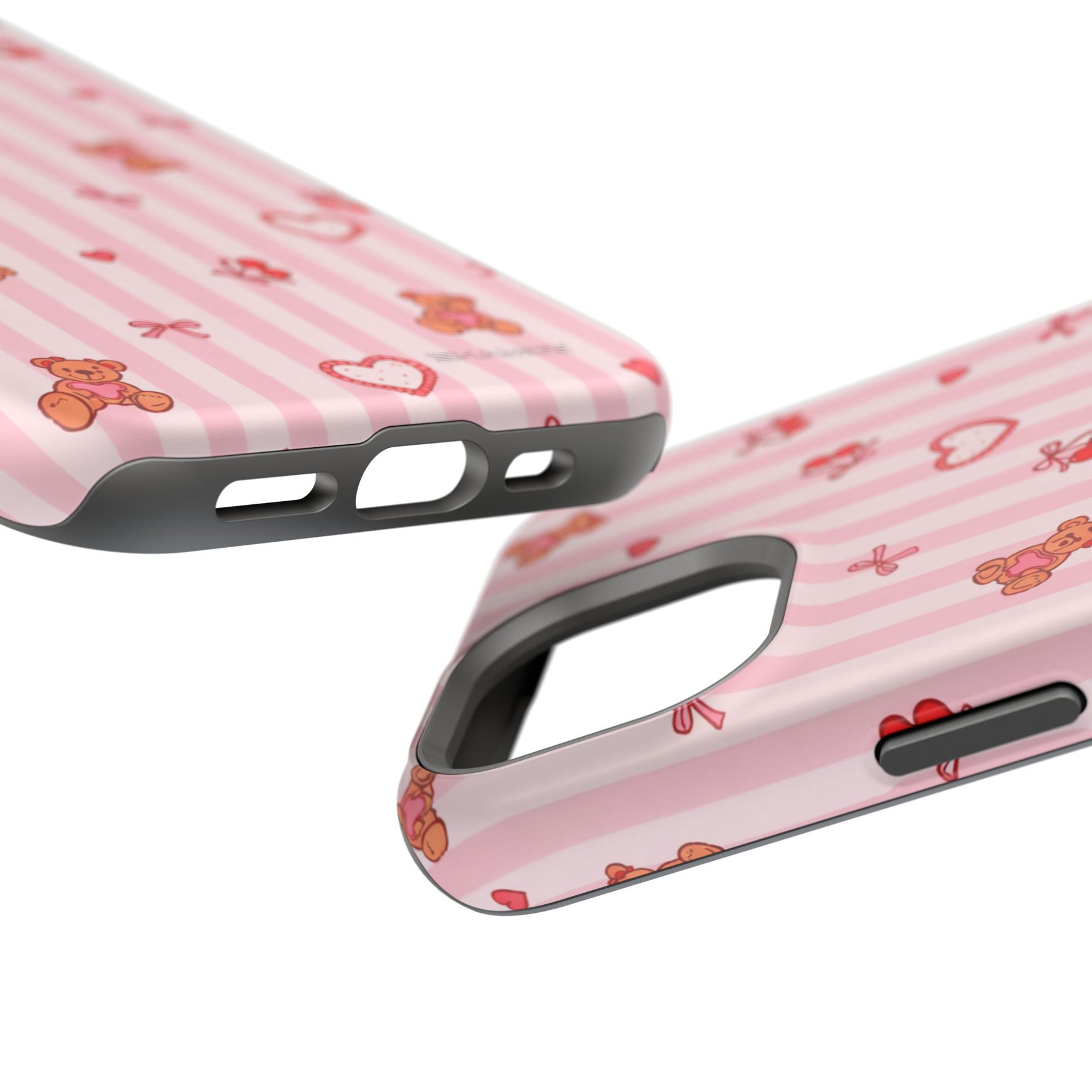 Pink Teddy Hearts Love iPhone Case, Impact-Resistant MagSafe Compatible