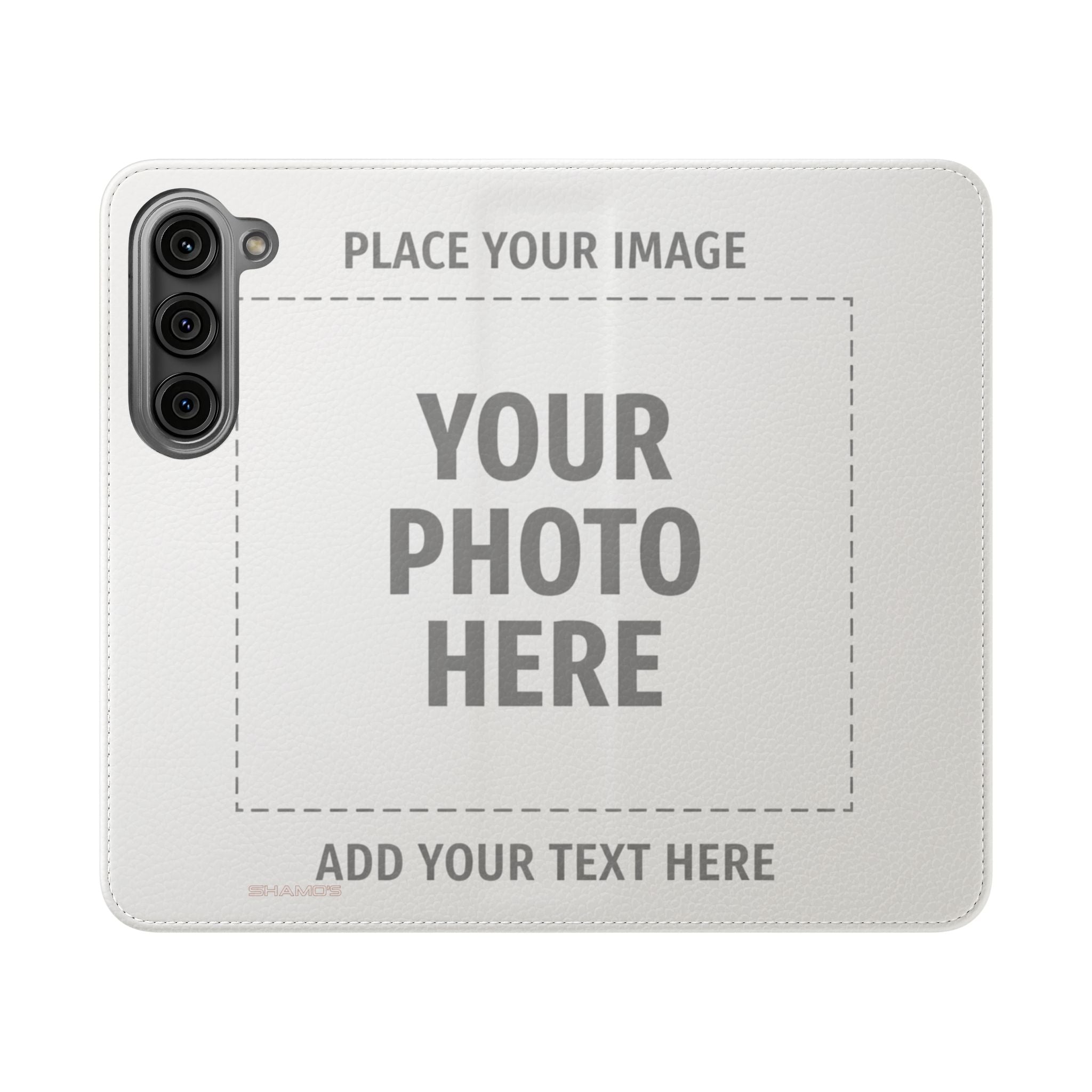 Outside of an open customizable wallet phone case with Your Photo Here and Add Your Text Here placeholders