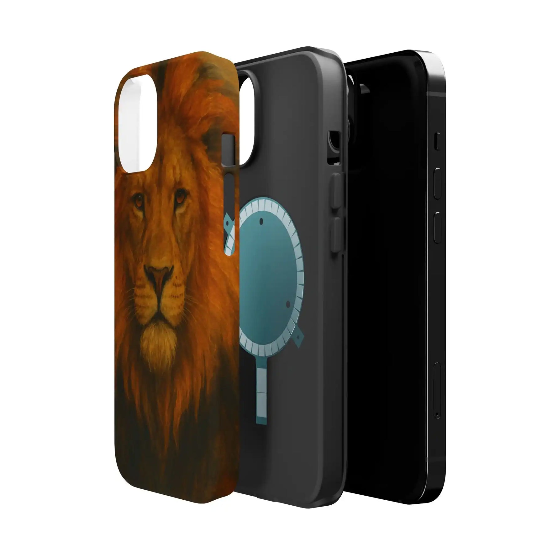 iPhone case with lion face print and black protective phone cover showing variant size