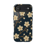 Navy Cherry Blossom Floral iPhone Case - Compatible with MagSafe
