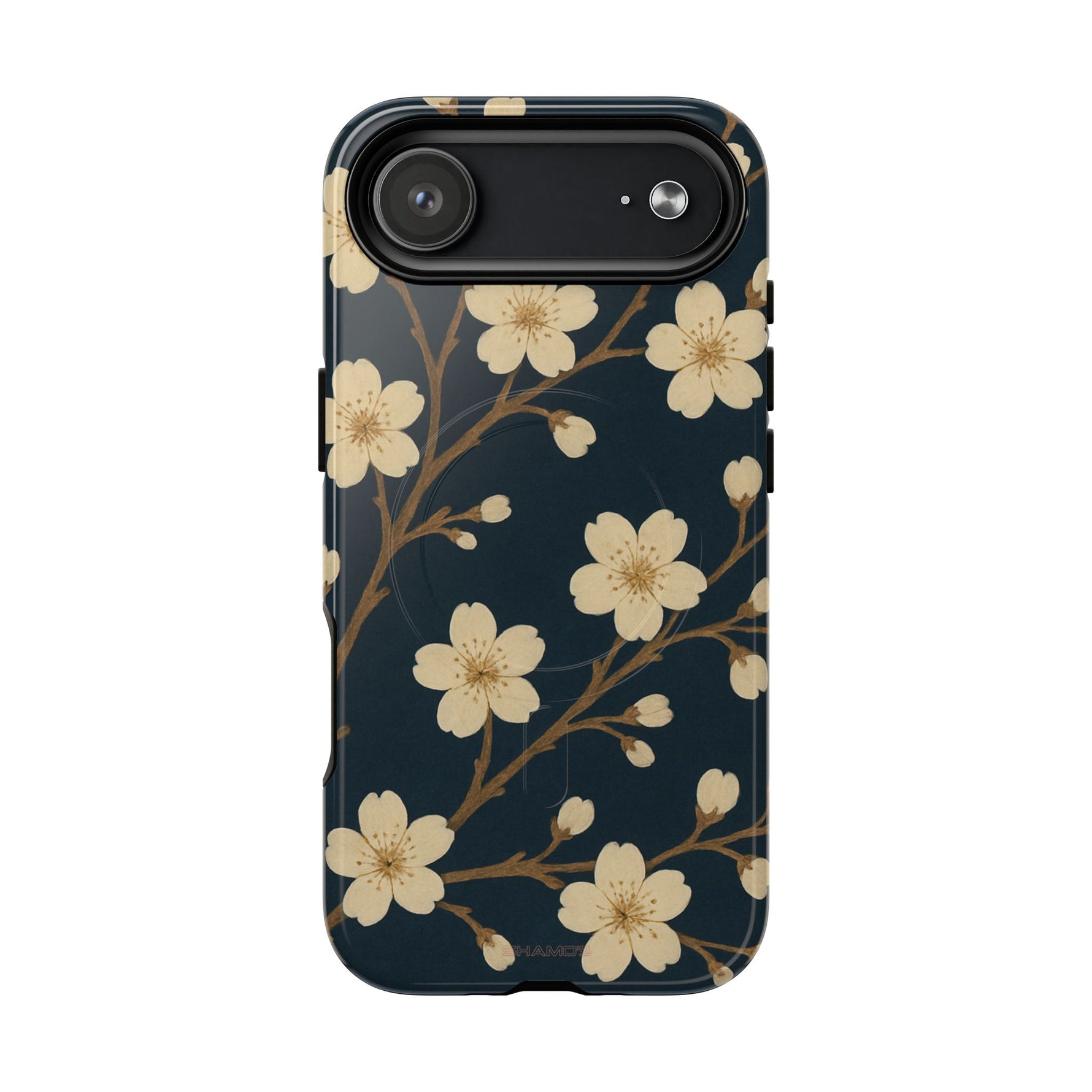 Navy Cherry Blossom Floral iPhone Case - Compatible with MagSafe