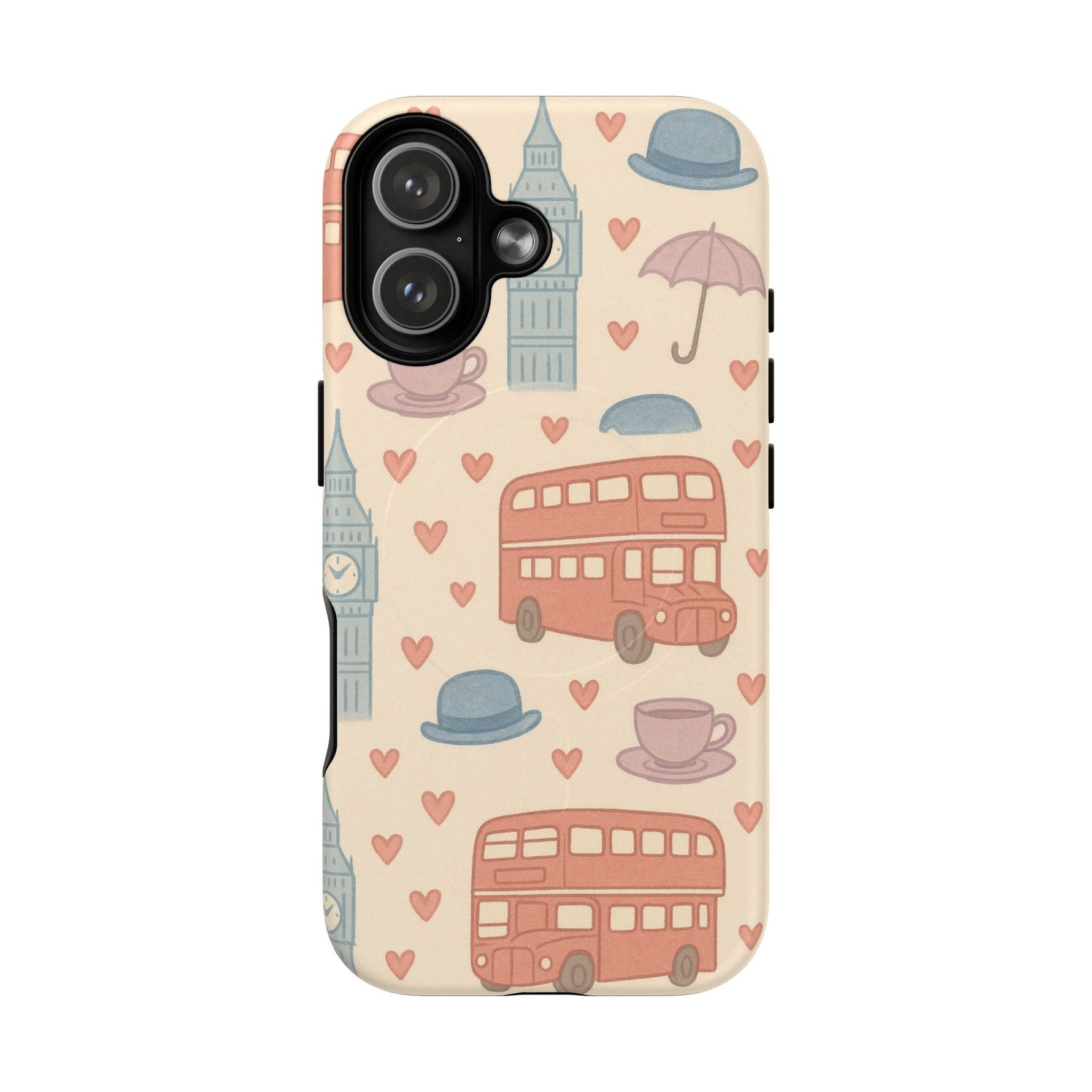 London Icons Hand-Drawn iPhone Case — Cute Double-Decker Bus & Big Ben Pattern with MagSafe compatibility  Shamo's