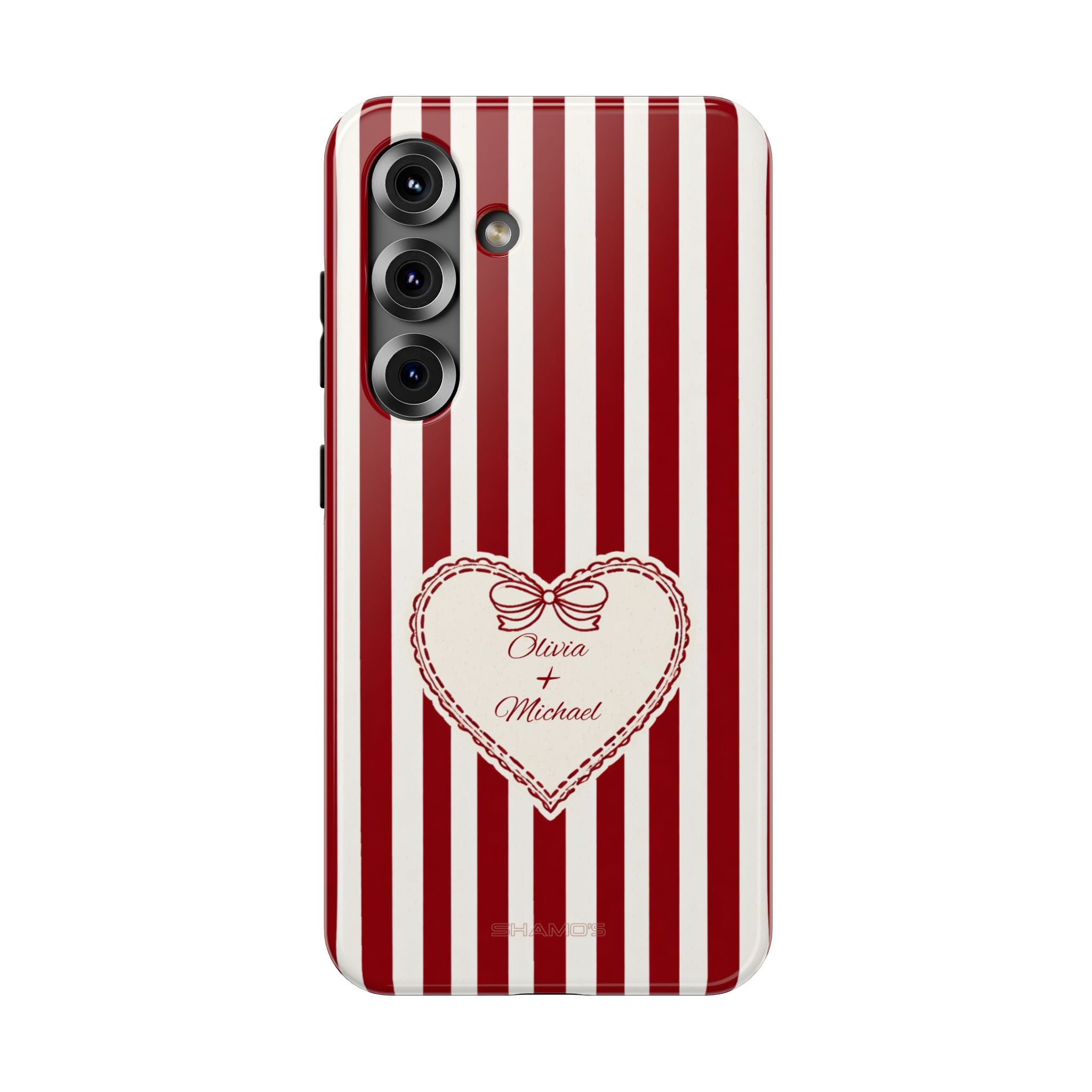 Phone case with red and white vertical stripes and a cream heart with a bow and names