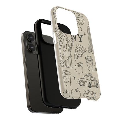 NY City Icons Tough iPhone Case — Statue of Liberty, Pizza & Taxi Pattern | Compatible with MagSafe