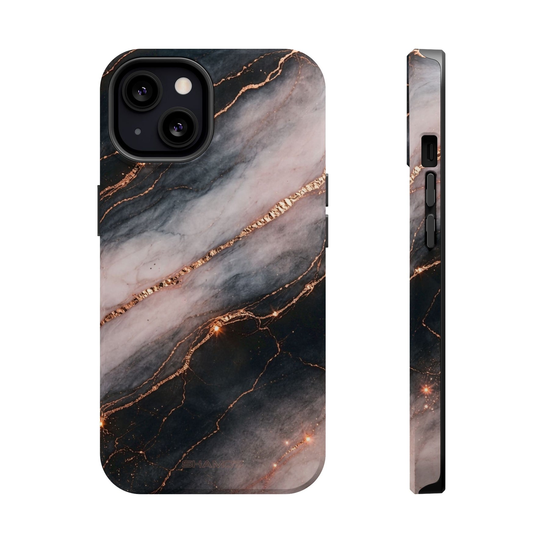 Marbled Black & Rose Gold Magnetic MagSafe Compatible Phone Case — Impact-Resistant
