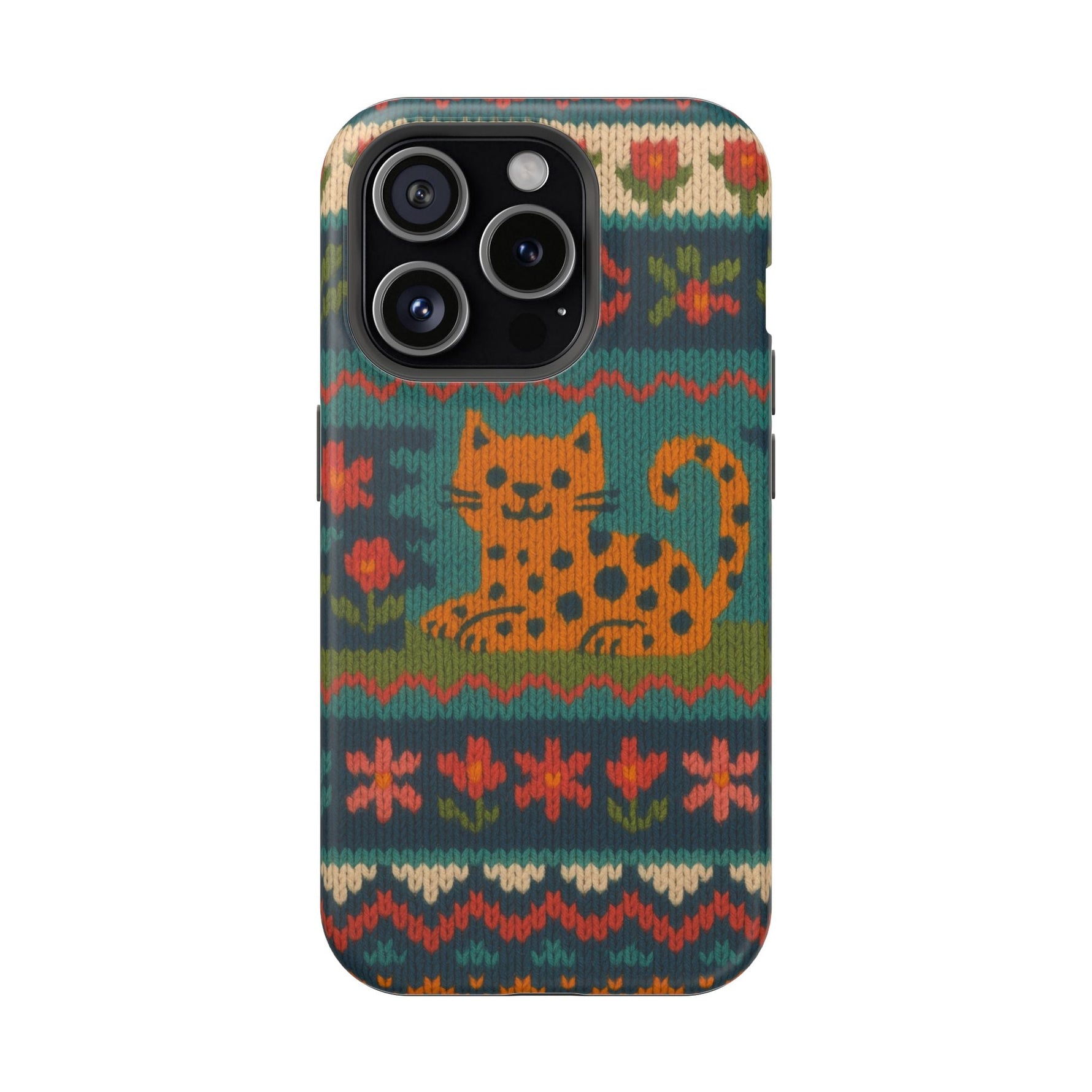 Cozy Knit Leopard Pattern Sweater Holiday Theme iPhone Case with MagSafe compatibility  Shamo's iPhone 15 Pro / Matte