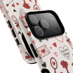 Romantic Love Doodle Tough iPhone Case ("LOVE", hearts, roses) (MagSafe compatible)  Shamo's